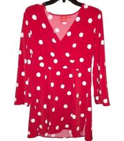 Oscar De La Renta Faux Wrap Polka Dot V Neck Tunic Red White Medium