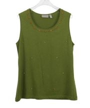 Croft & Barrow 1990s Vintage Olive Green Beaded Tank Top Boho Hippie Medium