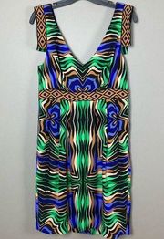 Tibi dress size 10 silk tribal sleeveless v-neck knee-length midi print colorful