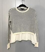 Black White Crewneck Waffle Knit Layered Ruffle Sweater S