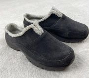 Lands End All Weather Suede Slip On Mules Clogs Womens Sz 9.5 Black Sherpa Lined