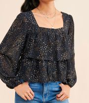 navy patterned Valerie tiered blouse top