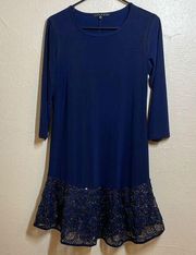 Tiana B Navy Lace/Sequin Flounce Hem Stretch Jersey Drop Waist A-line Dress Navy