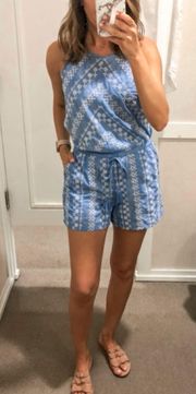 Blue Embroidered Halter Cotton Romper