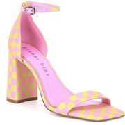 Gianni Bini Maileigh Checkered Satin Ankle Strap Square Toe Block Heel Sandal