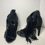 Alexander Wang black leather and suede fringe heel sandals 5” heel 39 or 9 U.S.