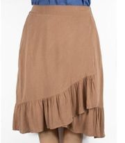 PAISLEY RAYE Kerria Skirt Solid Tan Brown Ruffle A-Line Faux Wrap Knee Length L
