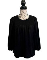 Black Smocked 3/4 Sleeve Pullover Crepe Blouse  M Classic Modest