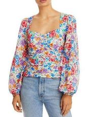 Aqua Womens White Floral Print Ruched Blouse Top Long Sleeve Size Large