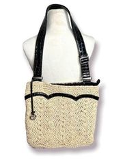 Brighton tote Straw Purse with Black Patent Croc Embossed Strap Scalloped Accent