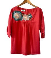 TIBI Floral Embroidered Red Silk Blouse Size 12