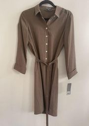 NWT Go Silk Women's Silk Shirt Dress w Belt in "Stone Edge" Brown Size Small