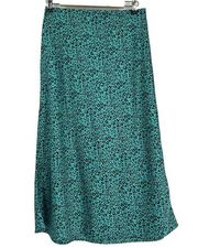 Francescas Me Ami Green Satin Leopard Print Midi Skirt High Waist Pull On Size L