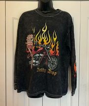 Betty Boop Motorcycle Flames Acid Wash T-Shirt Black Women Size Large Preloved