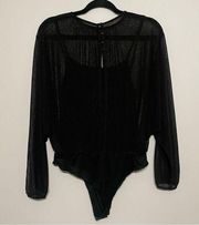 Sheer Black on Black Doleman Sleeve Goth Bodysuit Medium