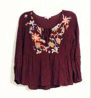 Bleuh Ciel Maroon Embroidered Keyhole Tie Neck Top