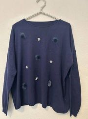 Wool Silk Cashmere Blend Lightweight Blue PomPom Sweater with Pearls Long Sleeve