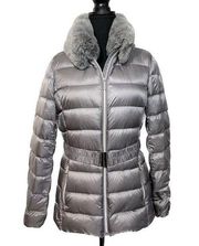 Michael Kors Michael  Faux Fur Trim Quilted Nylon Belted Down Puffer Coat