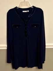 Susan Graver Blue Liquid Knit Y-Neck Tunic with Velvet Trim Size Medium