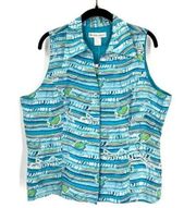 NWT Dressbarn Silk Ocean Fish Print top Turquoise Size XL Coastal blouse travel