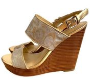 COACH Jezebel Metallic Logo Wood Heel Open Toe Buckle Wedge in Gold Silver 8.5