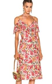 LPA MIDI Length Floral Print 100% Silk Dress pink ruffle shoulder small low back