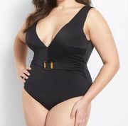 Lane Bryant Cacique No Wire Belted One Piece V-Neck Swimsuit Plus Size 32 Black