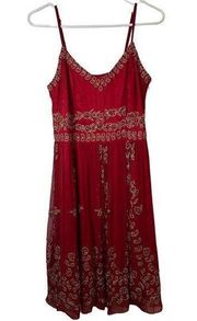 Adrianna Papell Red Silk Tea-length with Dress Gold Floral Beading Design Sz 6P