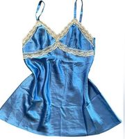 Jones New York Vintage 90s Blue Silky Satin Lace Coquette Lingerie Slip Dress