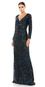 Mac Duggal 26445 Midnight Long Sleeve Sequined V-Neck Gown Size 12 New