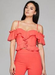 Marciano Juliet Off-Shoulder Bustier Top XS NWT Hibiscus Red Ruffles Mini Length