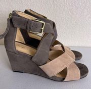 Clarks Ysabelle Jules Wedge Sandals Taupe Combo Wrap Back Zip Suede  Size 8.5