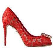 Dolce & Gabbana Red Taormina Lace Crystal Heels Pumps Shoes US 7
