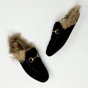 Gucci  Princetown Black Velvet Gold Metal Horsebit Fur Lined Slip On Mules EU 35