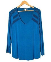 Westport 1962 women's v-neck blue crochet detail long sleeve blouse size 1x