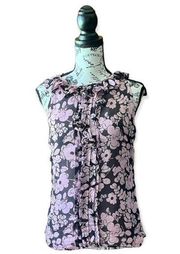 Milly New York women’s  black  floral sleeveless side zip silk blouse 6 mature