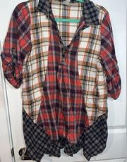 Ivy Jane Multi-Colored Patchy Plaid Flannel Button Up Flare Blouse Size Small