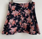 Black Pink Floral Corduroy Pearl Button Up A-Line Mini Skirt