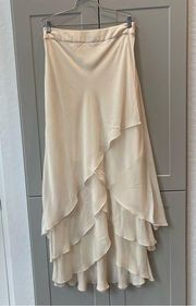 Carmen Marc Valvo 100% Silk Elegant Beige Layered Flowy Maxi Long Skirt Size 12