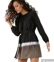 Bella Dahl Bishop Sleeve Ruffle Hem Dress Womens Black Concrete Stripe Dye Small