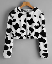 Cow Pattern Zip Up Hooded Teddy Jacket