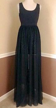 NEW Ark & Co ModCloth Black Mesh Overlay Maxi Dress with Sequin Mini Skirt M