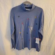 Studio Works Vintage Blue Colorful Leaves Mockneck Women's Blouse Size XL