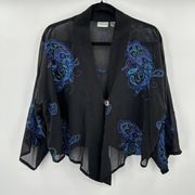 Chico's Black Paisley Embroidered Sheer Silk Single Button Top Crop Small/Medium