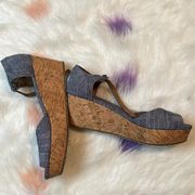 Toms  Platform Heels Cork Wrapped Sandal Peep Toe Denim Blue Jean Women 7.5