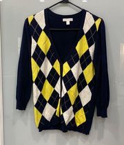 New York & Co Women's Blue Yellow Argyle Cardigan Button Up Sweater Sz S