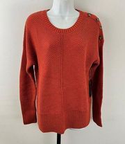 Rachel Zoe Women's Orange Crewneck Sweater with Button Detail Shoulders L