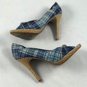 7.5 Anne Michelle Blue Plaid Peep toe 5” Heel