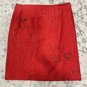 BCBGMaxazria Red Wool Blend Embroidered Sequin Floral Pencil Skirt Size 12