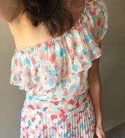 Sezane Adelie Floral One Shoulder Ruffle Silk Top Blouse Size 42